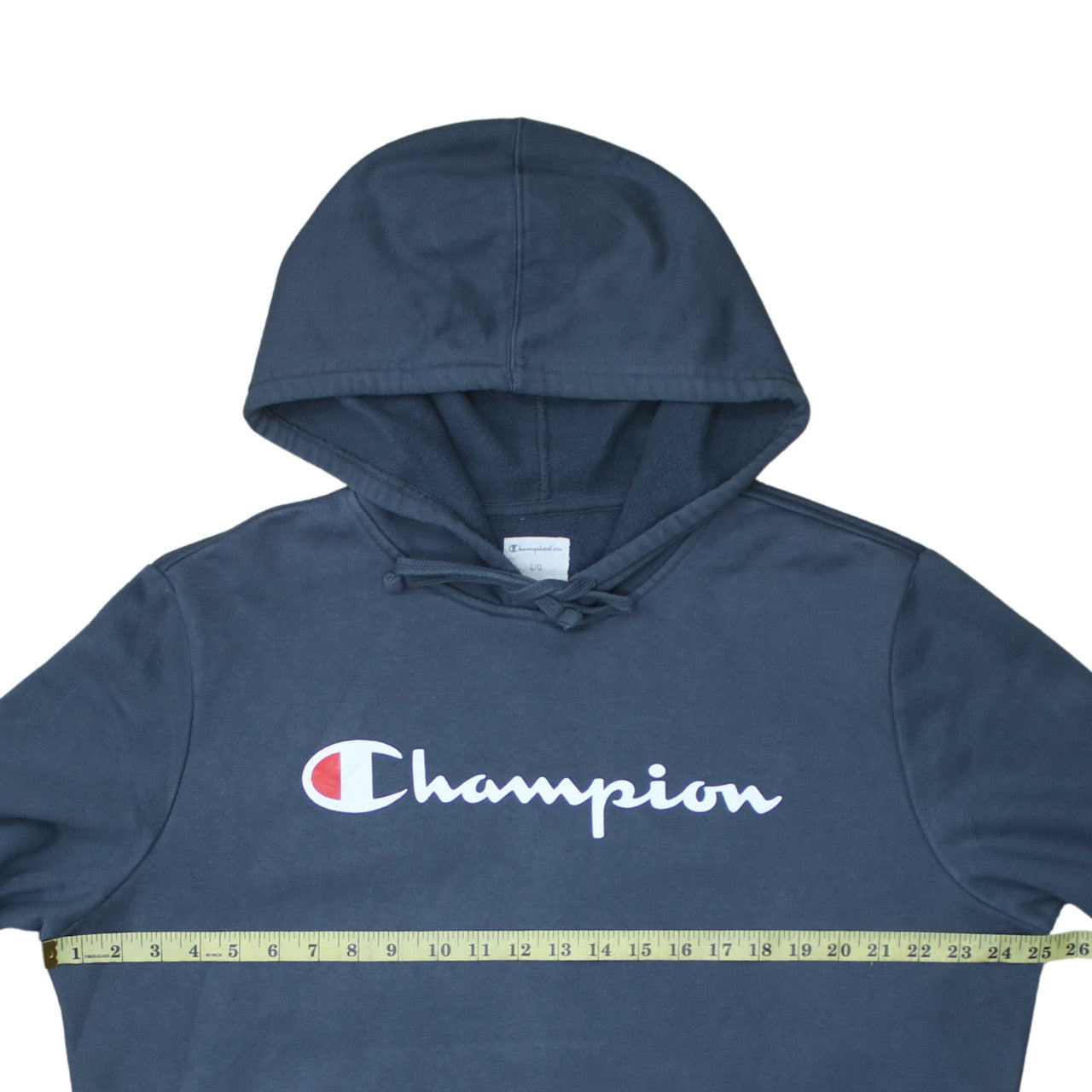 Champion Men Blue Pullover Hoodie L Graphic Logo Fleece Sweatshirt