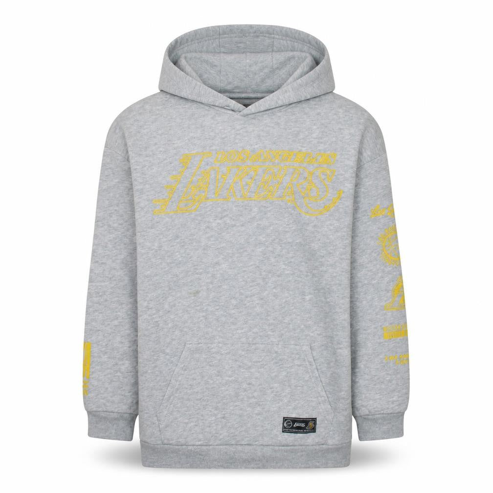 Front view of NBA boys’ grey los angeles lakers pullover hoodie 12-13 years basketball style