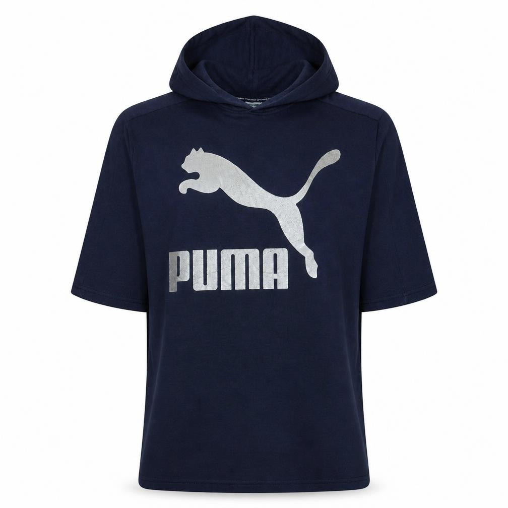 Front view of Puma Women Navy Blue Short Sleeve Hoodie UK 14 Logo Cotton