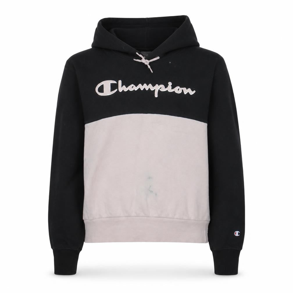 Champion Women Black Beige Pullover Hoodie Medium Logo Graphic Sweatshirt