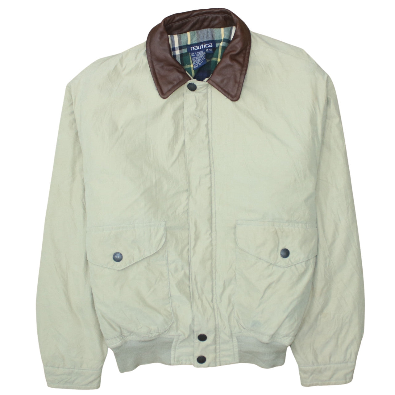 Nautica Men Beige XL Bomber Jacket Leather Collar Nylon Blend