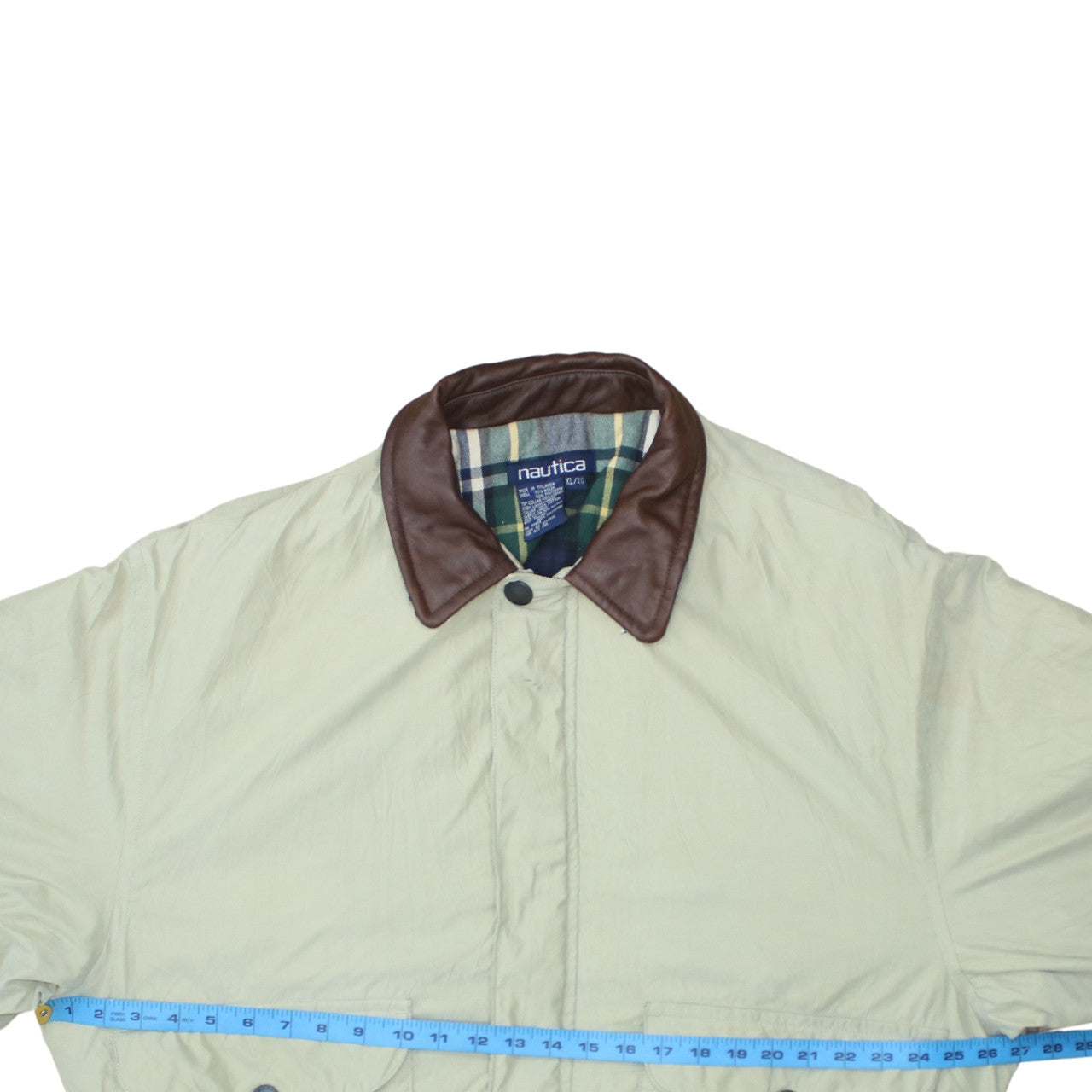 Nautica Men Beige XL Bomber Jacket Leather Collar Nylon Blend