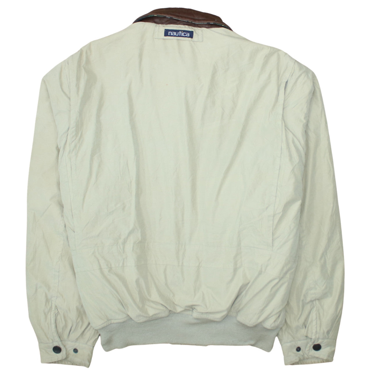 Nautica Men Beige XL Bomber Jacket Leather Collar Nylon Blend
