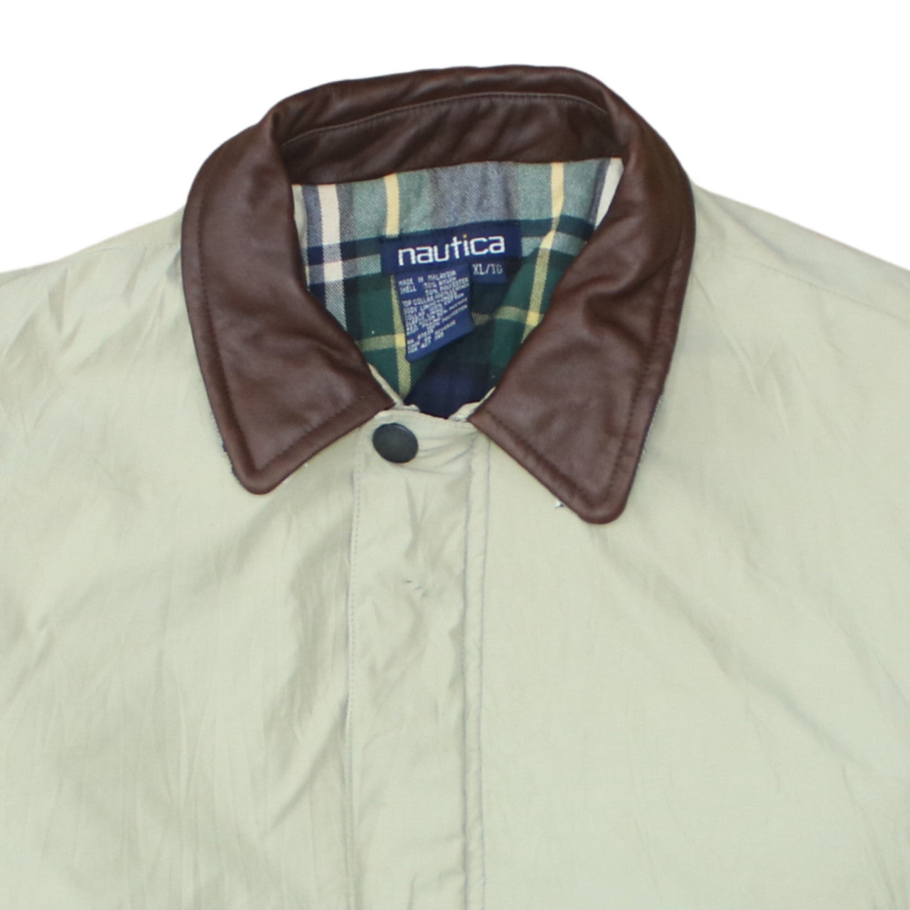 Nautica Men Beige XL Bomber Jacket Leather Collar Nylon Blend