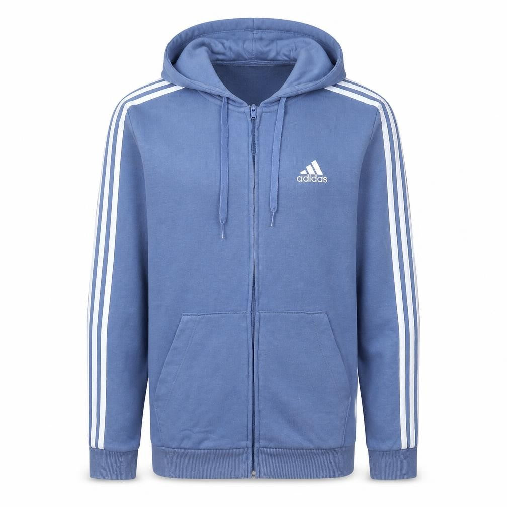 Front view of Adidas Men's Blue Full Zip Hoodie, size S, Regular Fit Sportswear