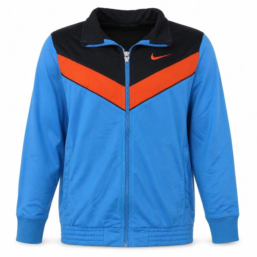 Front view of Nike boys’ blue black orange full zip sweatshirt l logo colourblock