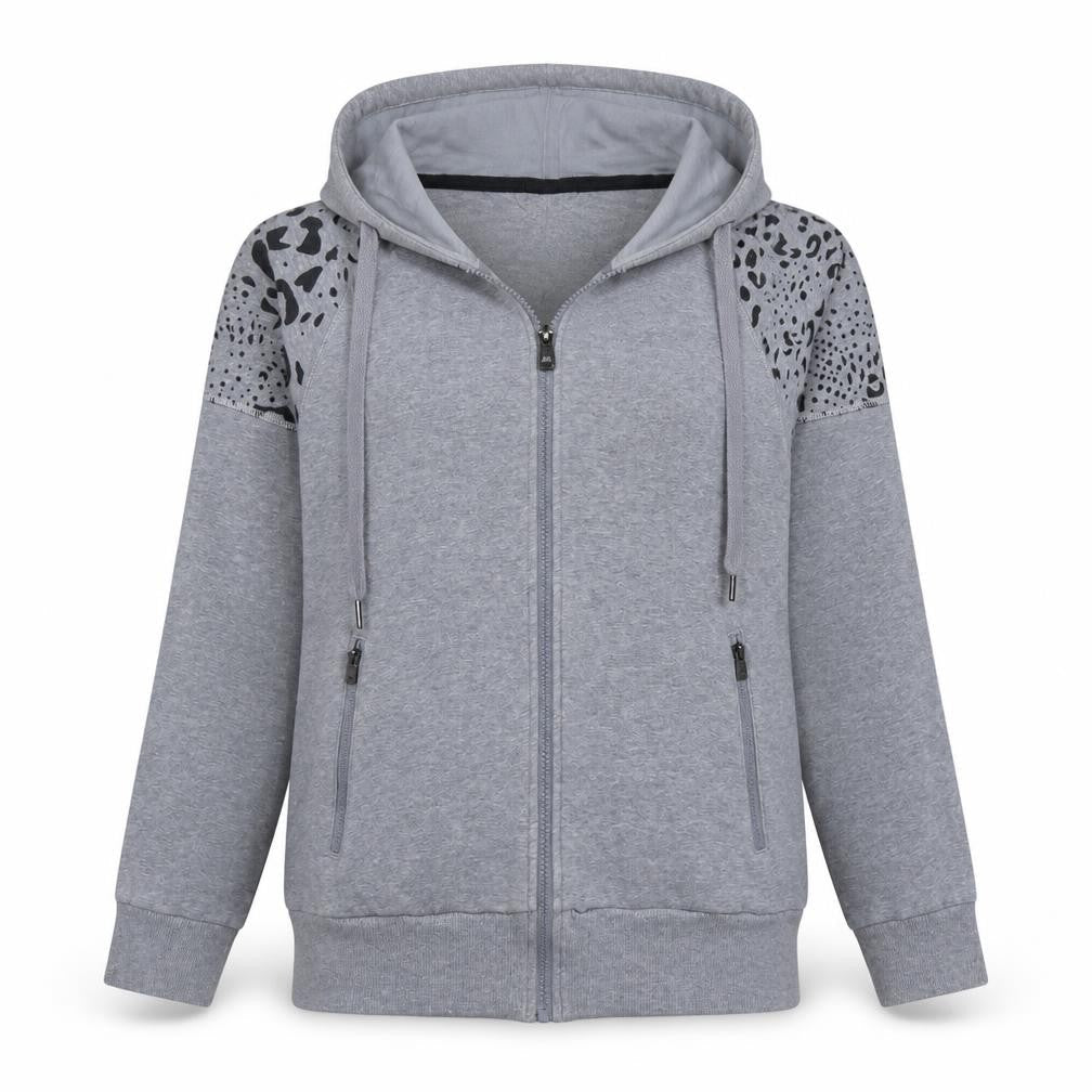 Front view of Adidas Women's Grey Animal Print Full Zip Hoodie XS