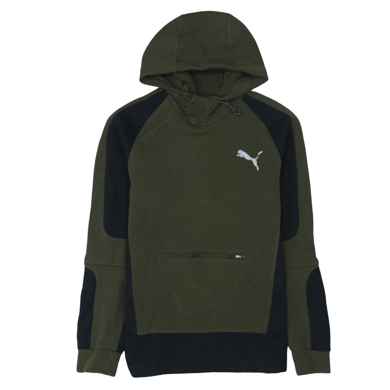Puma Men's Green Pullover Hoodie Size S with Logo and Zip Pocket