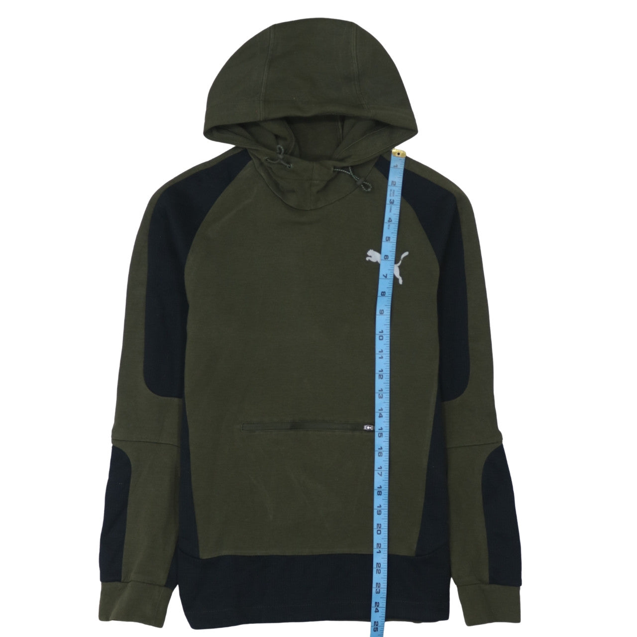 Puma Men's Green Pullover Hoodie Size S with Logo and Zip Pocket