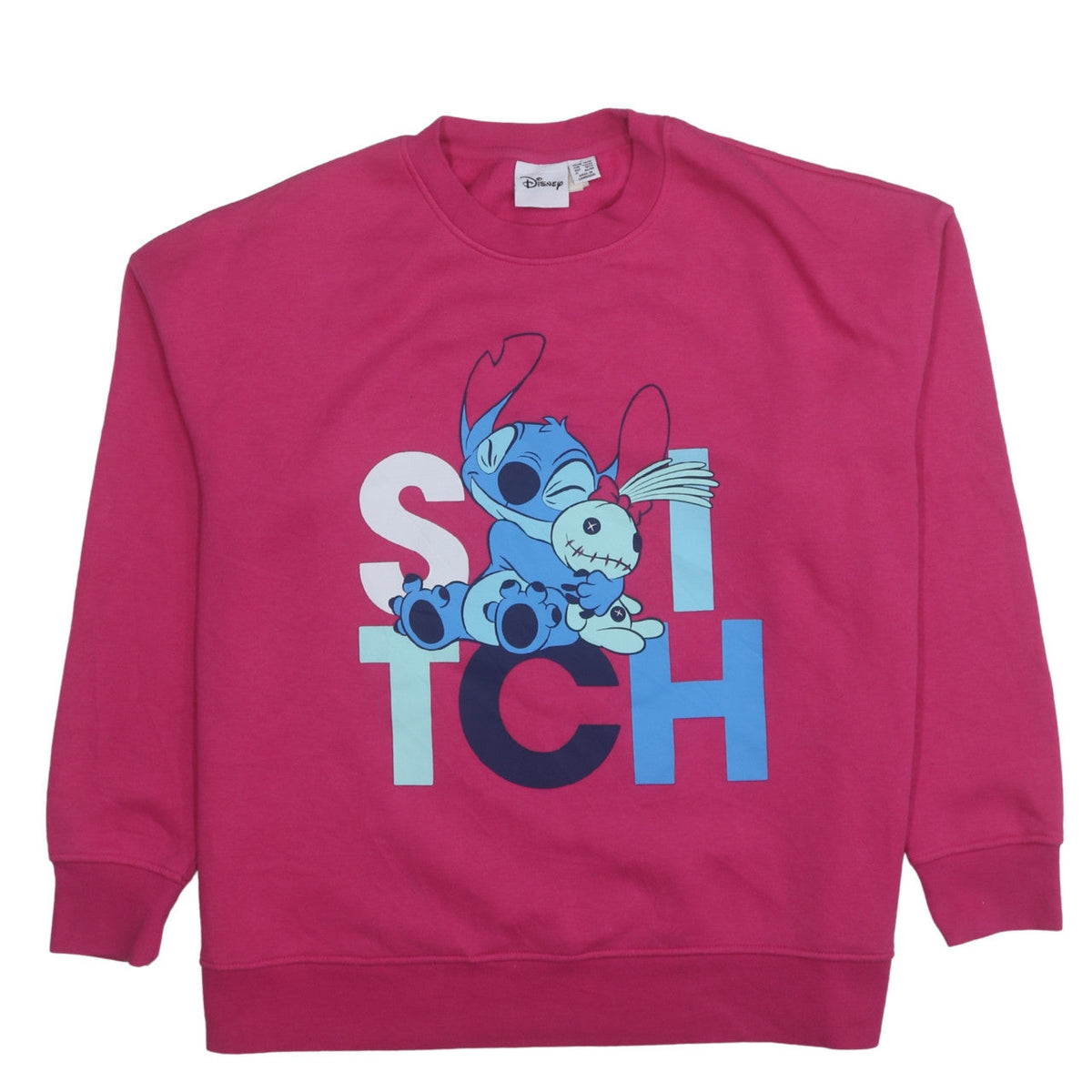 Front view of Disney Women Pink Stitch Pullover Sweatshirt L Crew Neck Cotton Blend