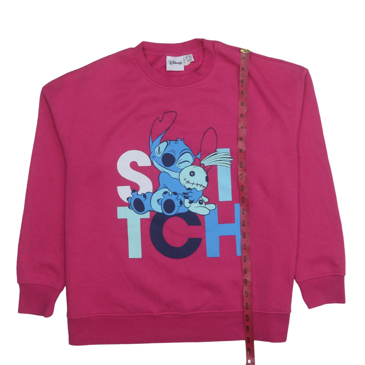 Close-up detail of Disney Women Pink Stitch Pullover Sweatshirt L Crew Neck Cotton Blend