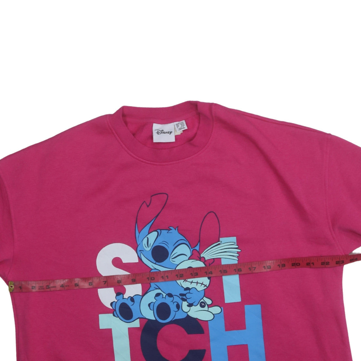 Brand and care label for Disney Women Pink Stitch Pullover Sweatshirt L Crew Neck Cotton Blend