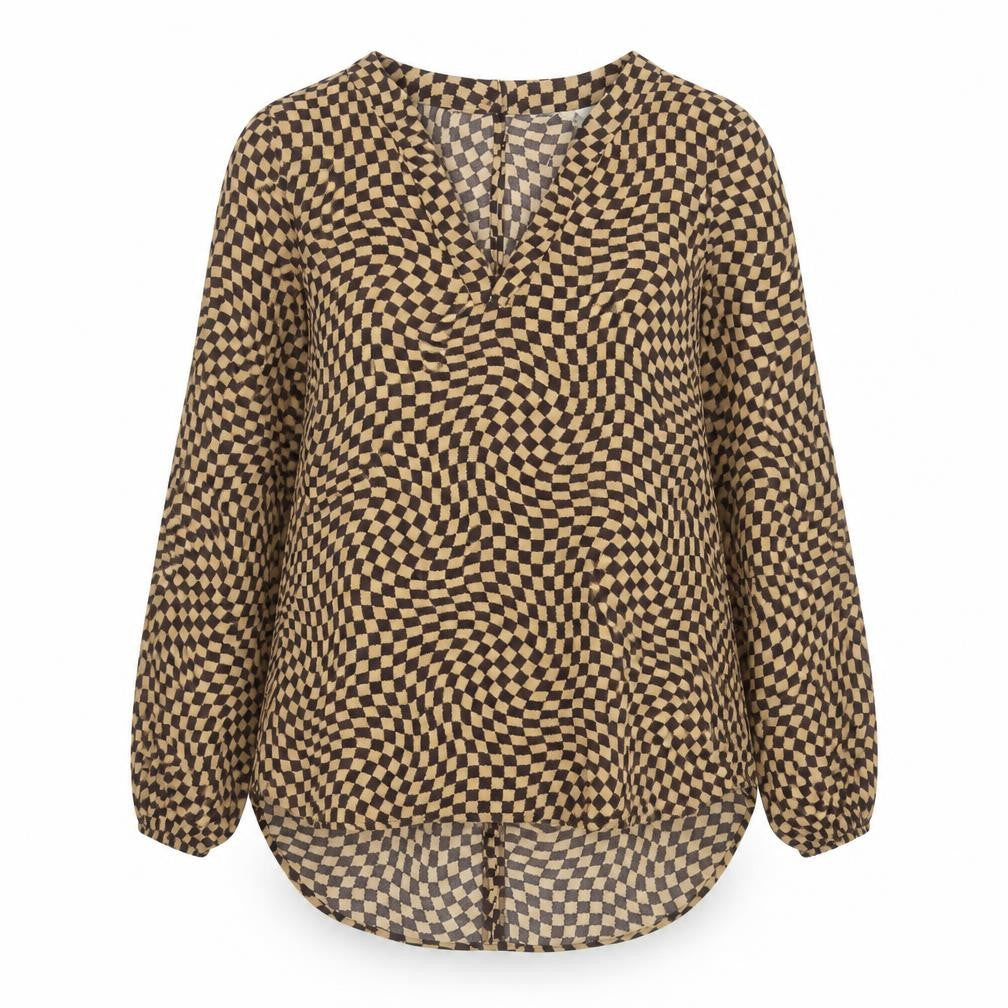 Marks & Spencer Women's Brown Check Long Sleeve V-Neck Blouse Size 8 Regular