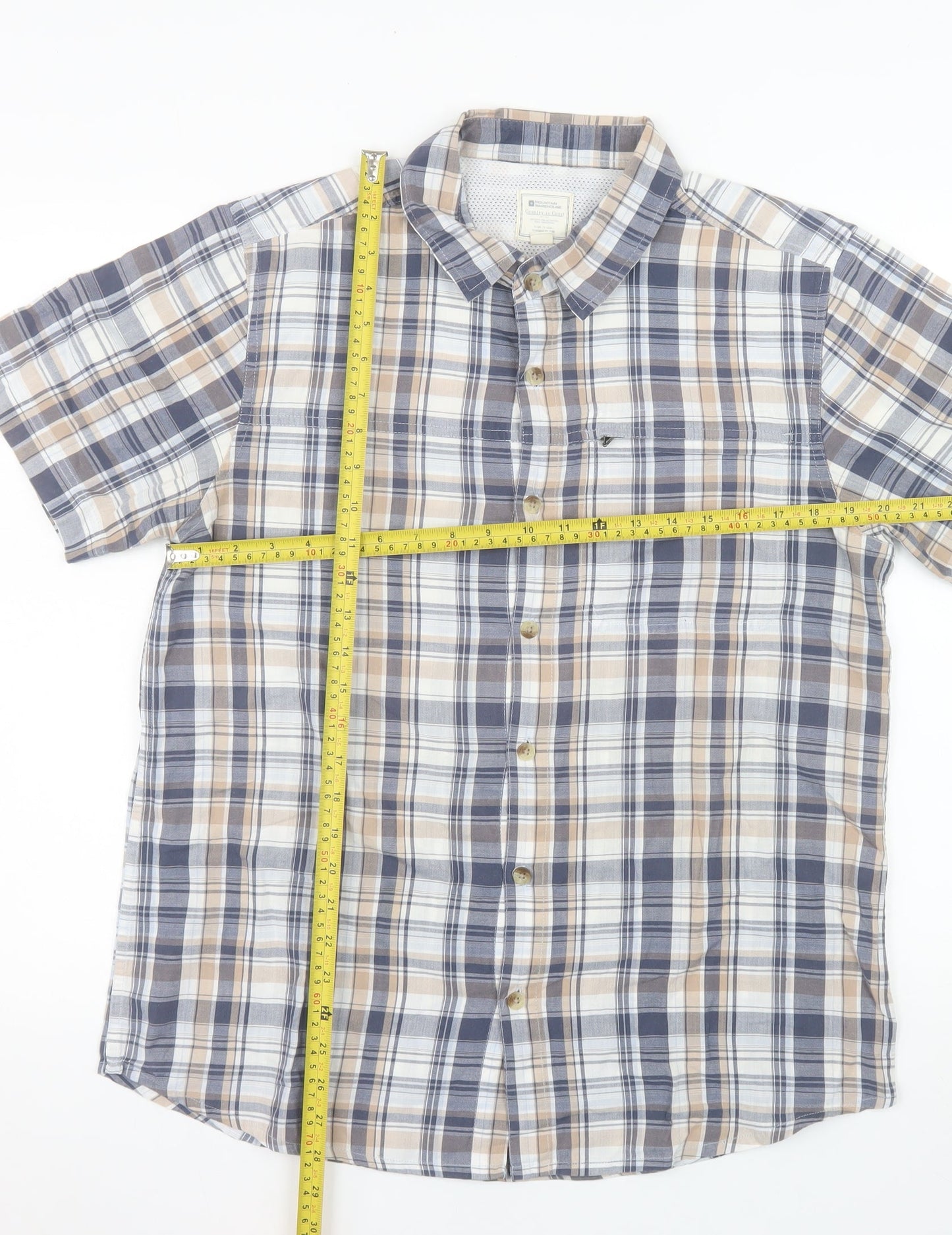 Mountain Warehouse Men's Beige Check Short Sleeve Button-Up Shirt M