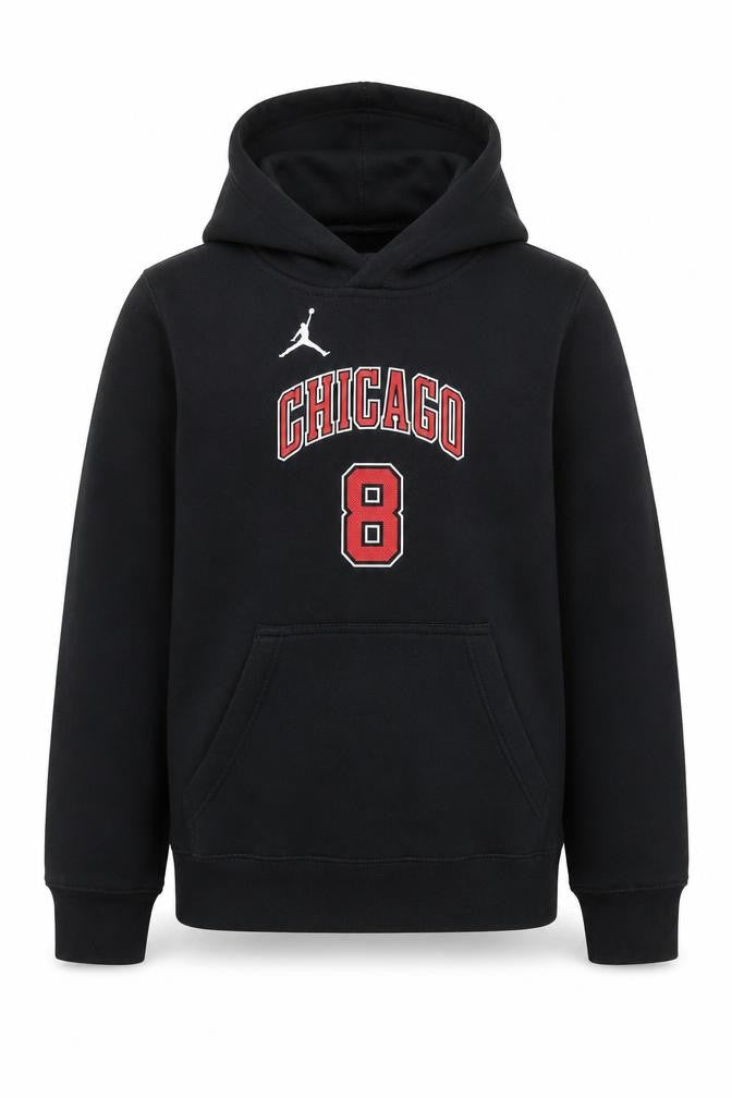Front view of Nike boys’ black chicago bulls lavine 8 pullover hoodie, size M, 10-12