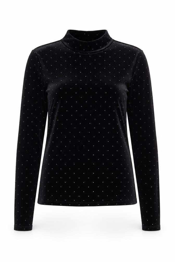 Monki Women Black Mock Neck Velvet Long Sleeve Top Size S