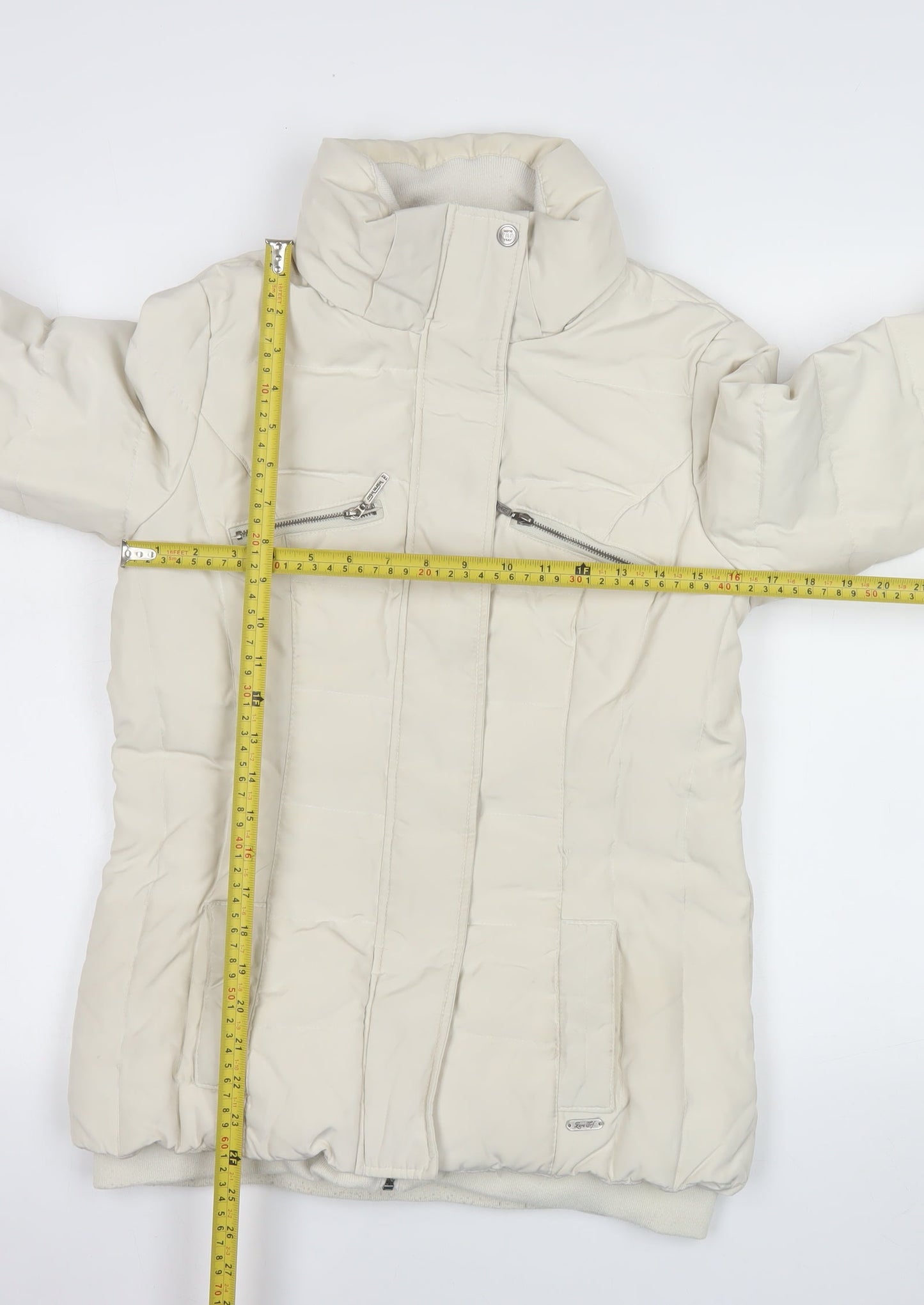 Zara Women Ivory Puffer Jacket Size 12 Down Filled Zip Winter Coat
