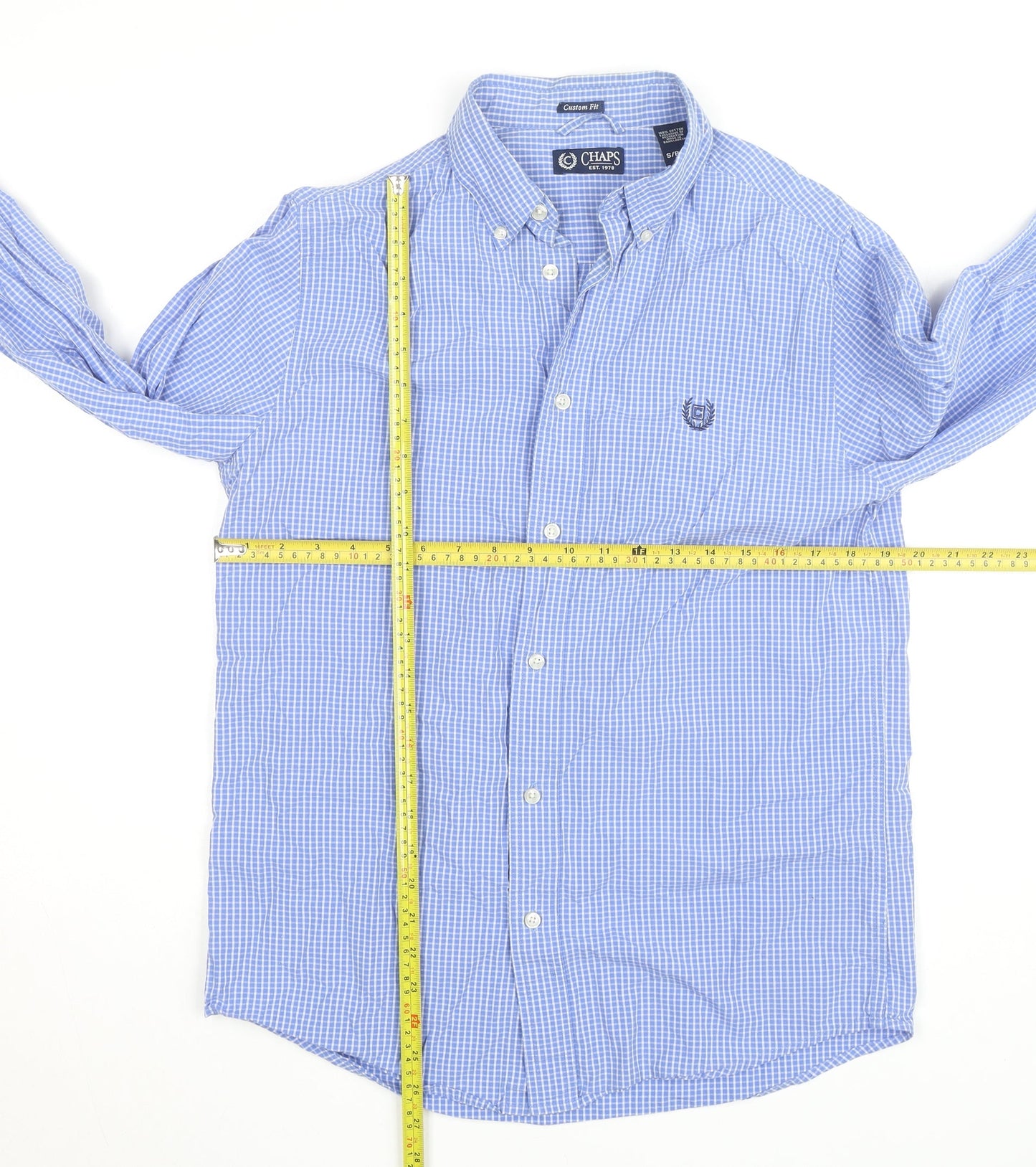 Chaps Men's Blue Check Cotton Button-Up Long Sleeve Shirt S Custom Fit