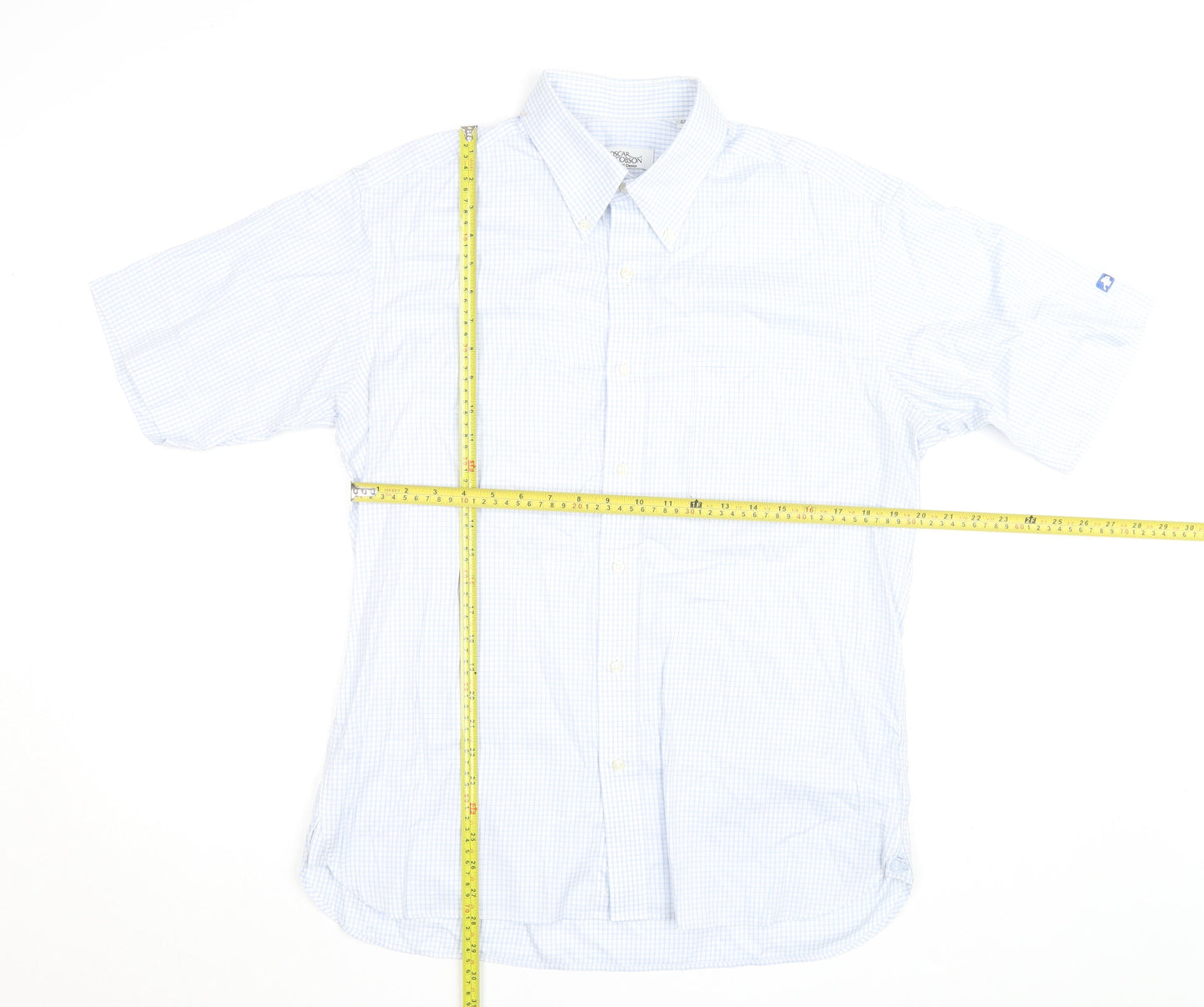 Oscar Jacobson Men's Blue Check Short Sleeve Button-Up Shirt Size L