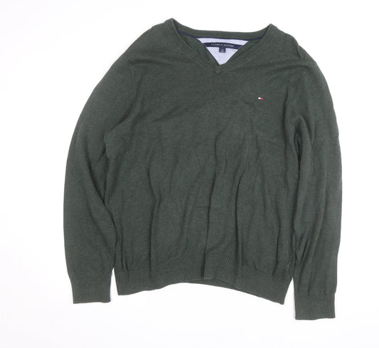 Tommy Hilfiger Mens Green V-Neck Cotton Jumper Size L