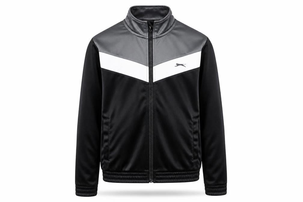 Front view of Slazenger boys’ black track jacket 13 years lightweight activewear zip up