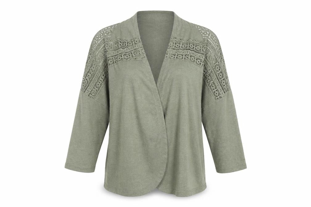 Front view of Dunnes Women’s Green Crochet Detail Kimono Blouse M