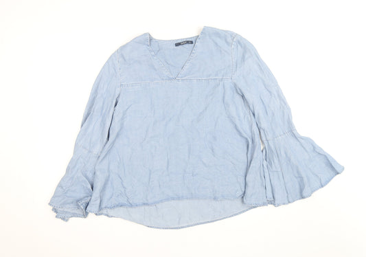 ONLY Women's Blue Cotton Tunic Blouse Size 10 V-Neck Bell Sleeve