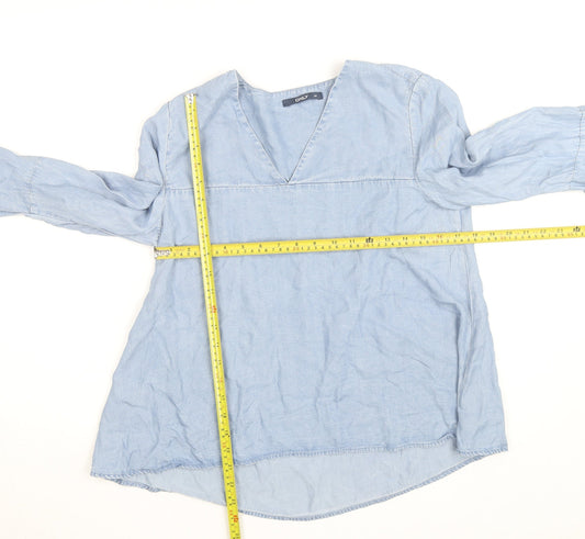 ONLY Women's Blue Cotton Tunic Blouse Size 10 V-Neck Bell Sleeve