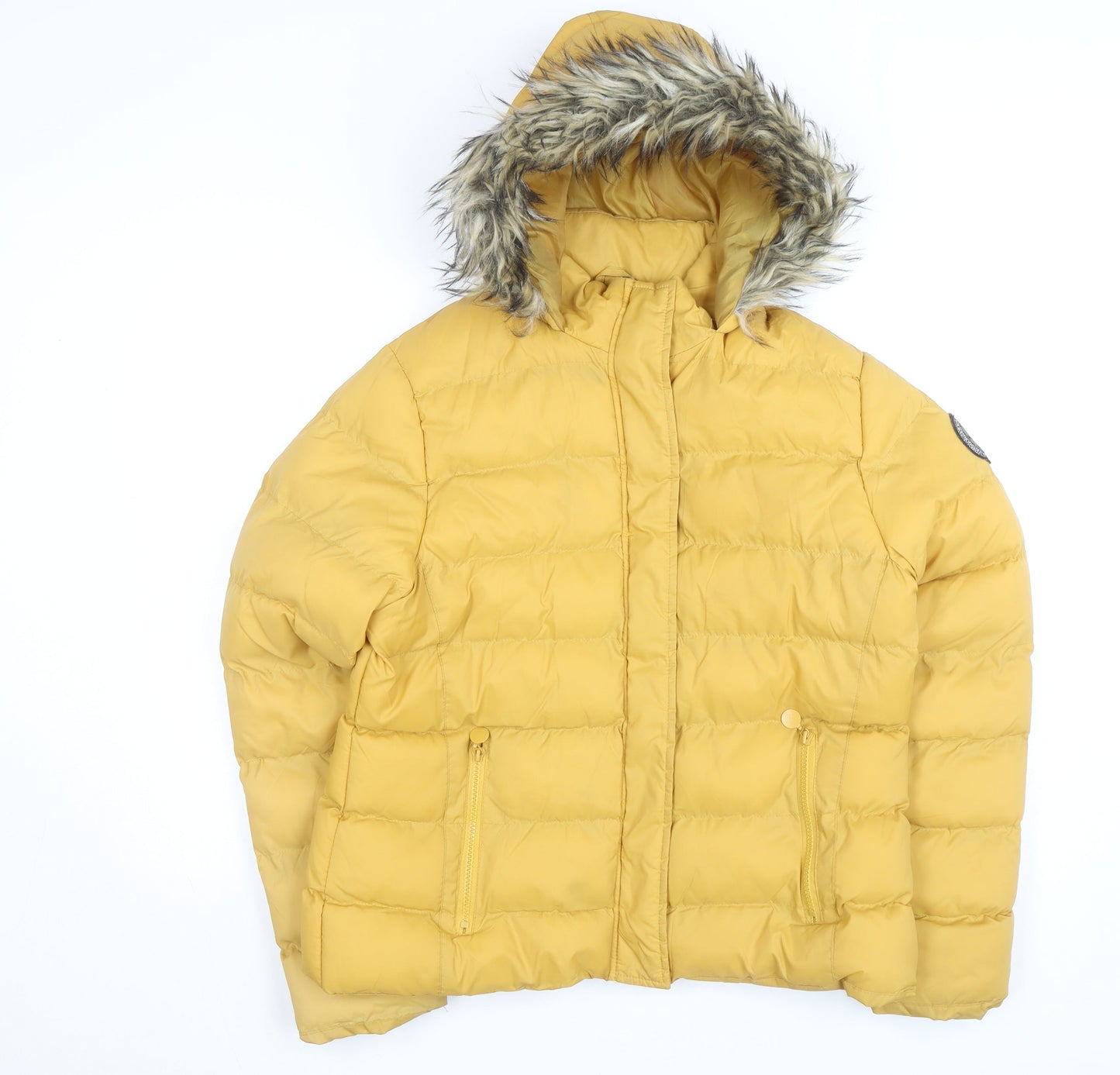 FLUID Womens Yellow Size 16 Hooded Puffer Jacket With Fur Trim