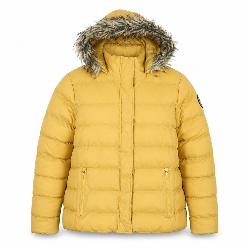 FLUID Womens Yellow Size 16 Hooded Puffer Jacket With Fur Trim