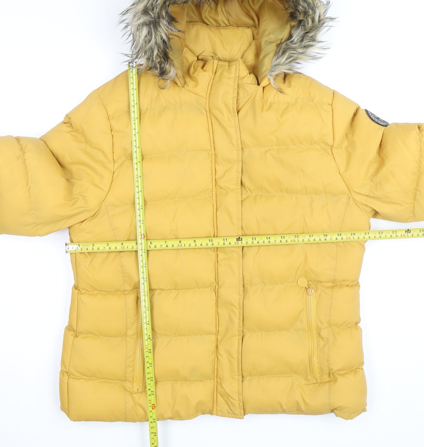 FLUID Womens Yellow Size 16 Hooded Puffer Jacket With Fur Trim