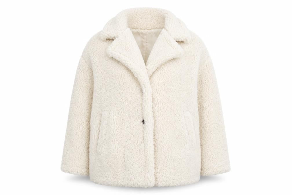 Front view of Papaya Women Ivory Sherpa Fleece Short Jacket, size 12, Casual Winter