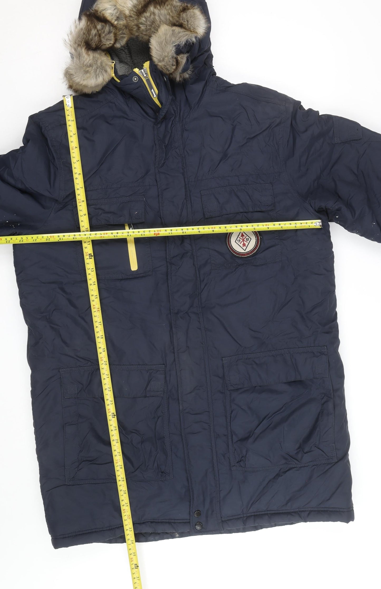 Bench Mens Blue Hooded Parka Jacket L Faux Fur Trim Winter Coat