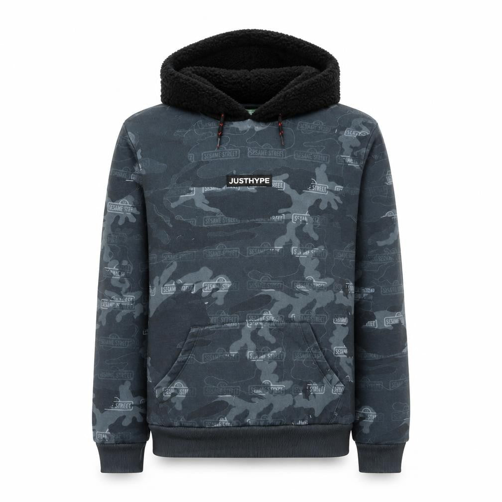 Front view of Hype boys’ black camouflage sesame street hoodie age 15 pullover