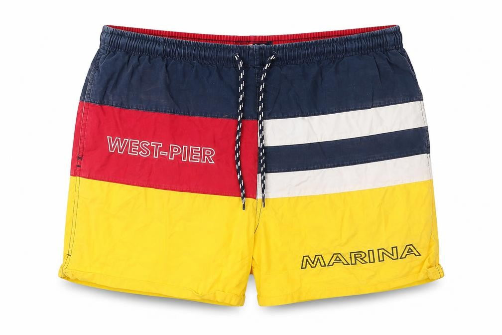 Front view of West-Pier men’s multicoloured swim shorts yellow red blue, size M