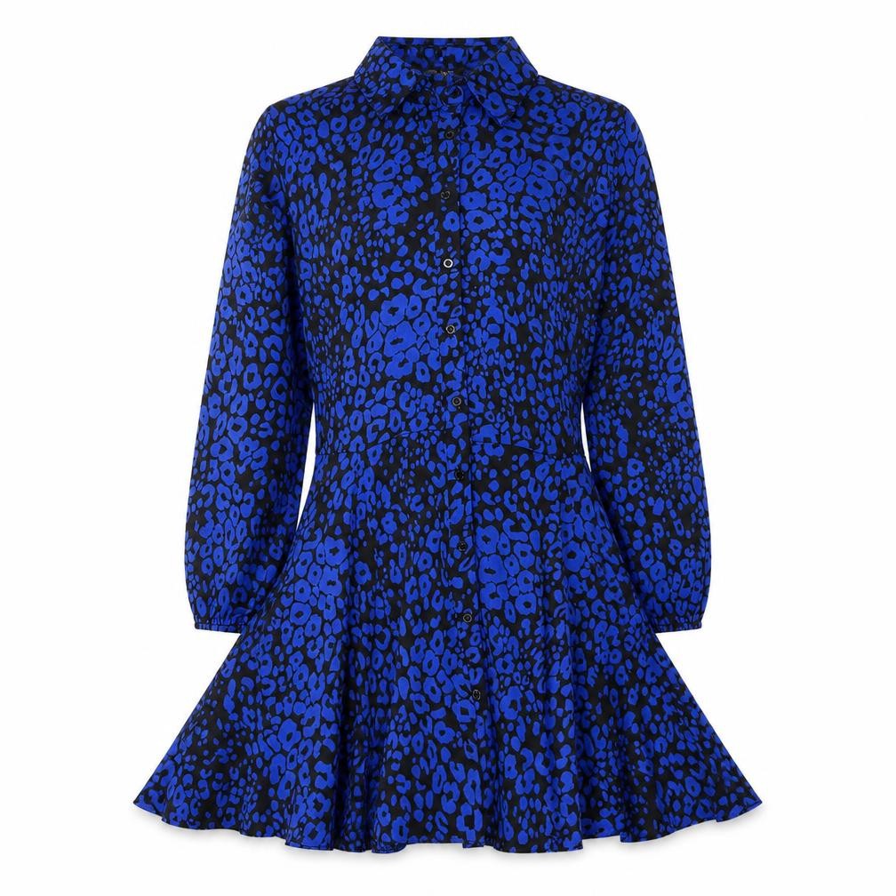 AX Paris Women's Blue Animal Print Long Sleeve Shirt Dress Size 12