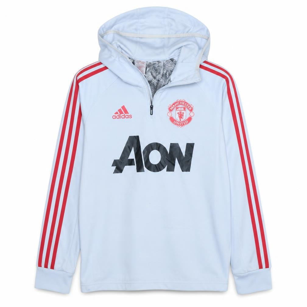 Front view of Adidas boys’ light blue manchester united hoodie 13-14 years pullover hooded top