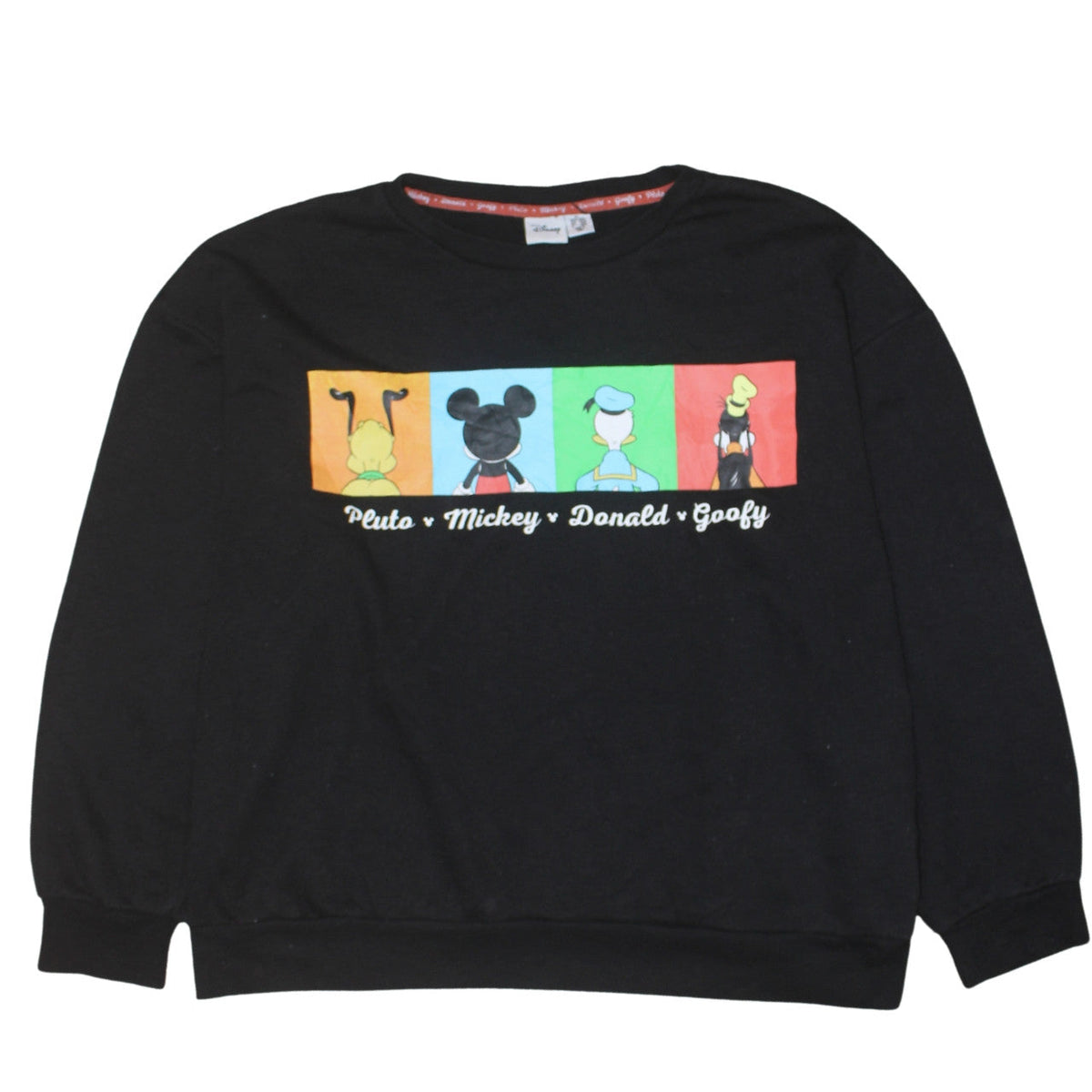 Front view of Disney Women Black XL Sweatshirt Pluto Mickey Donald Goofy Graphic Pullover