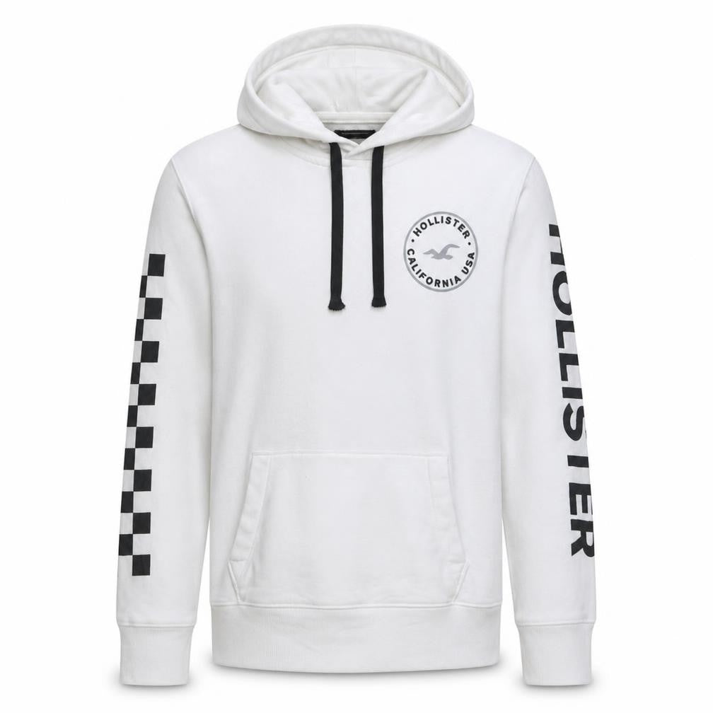Hollister Men's White Pullover Hoodie M Logo Graphic Fleece Sweatshirt