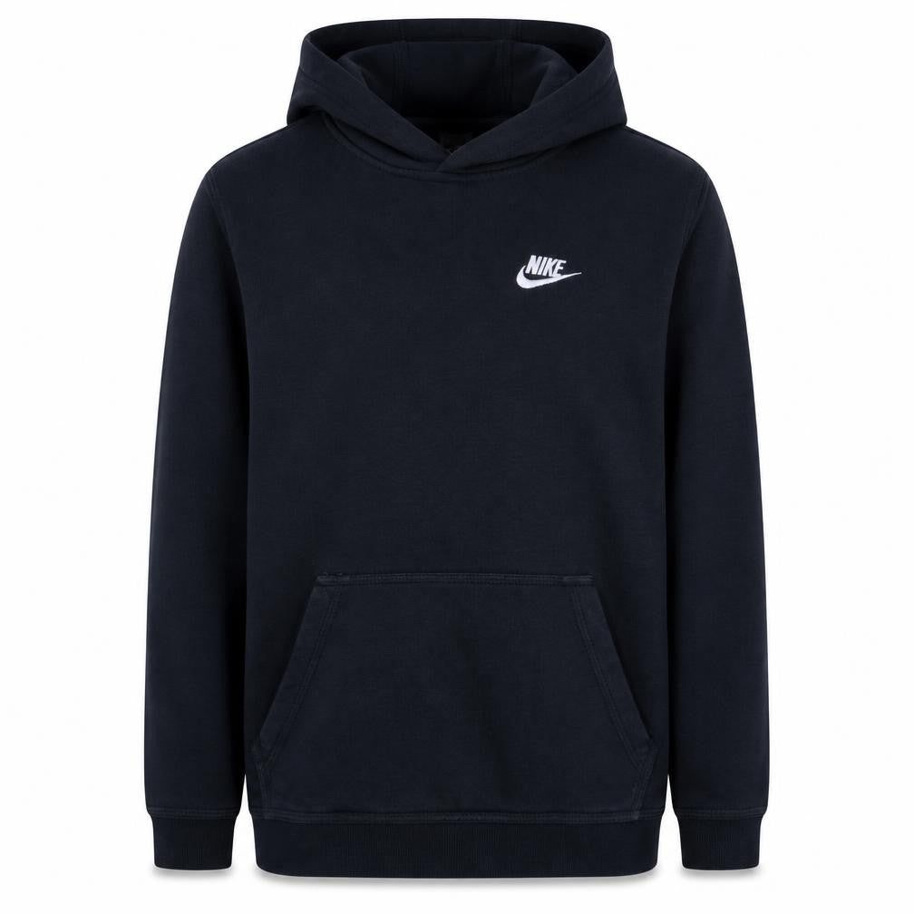 Front view of Nike boys’ black xl pullover fleece hoodie with logo