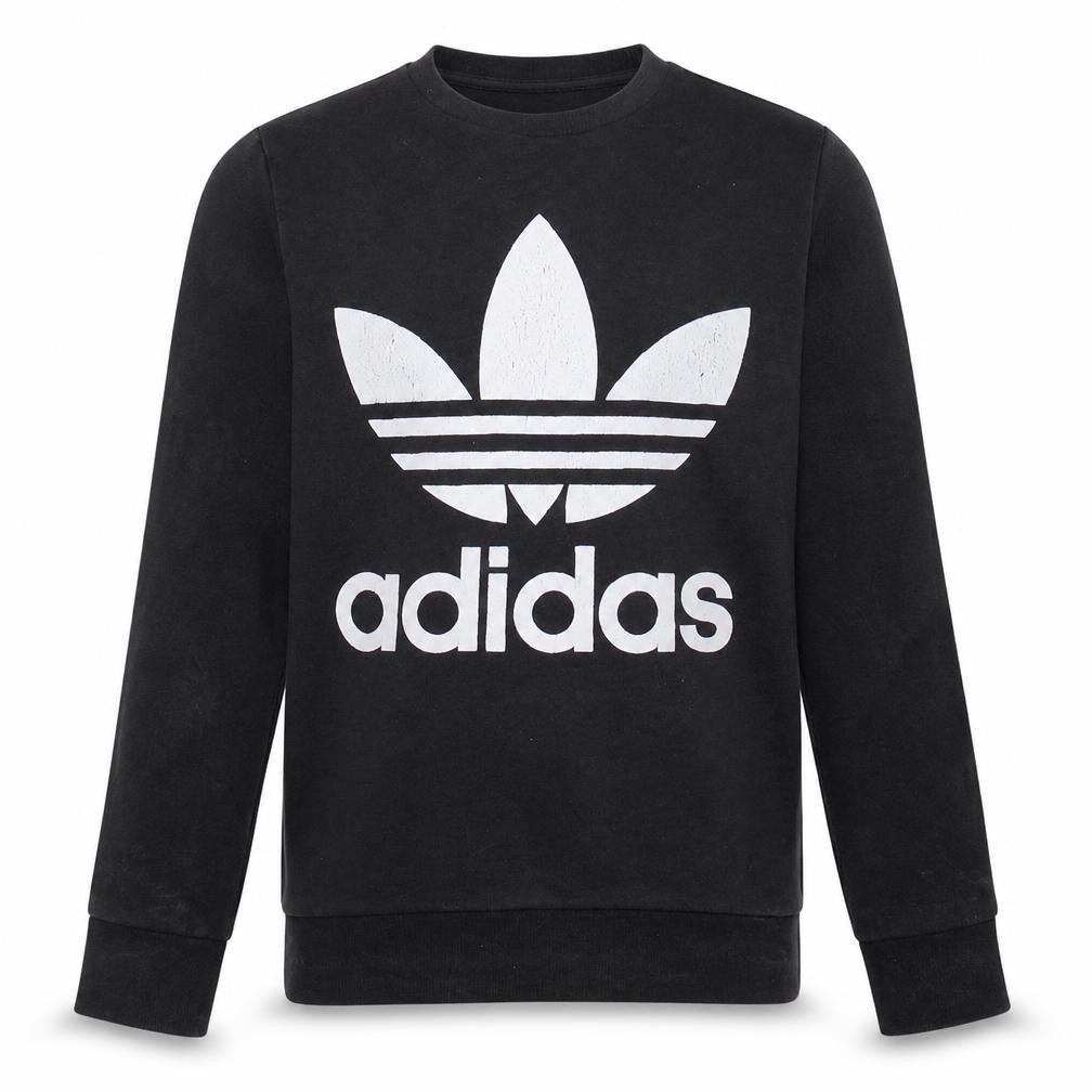 Front view of Adidas boys’ black logo crew neck pullover sweatshirt 13-14 years