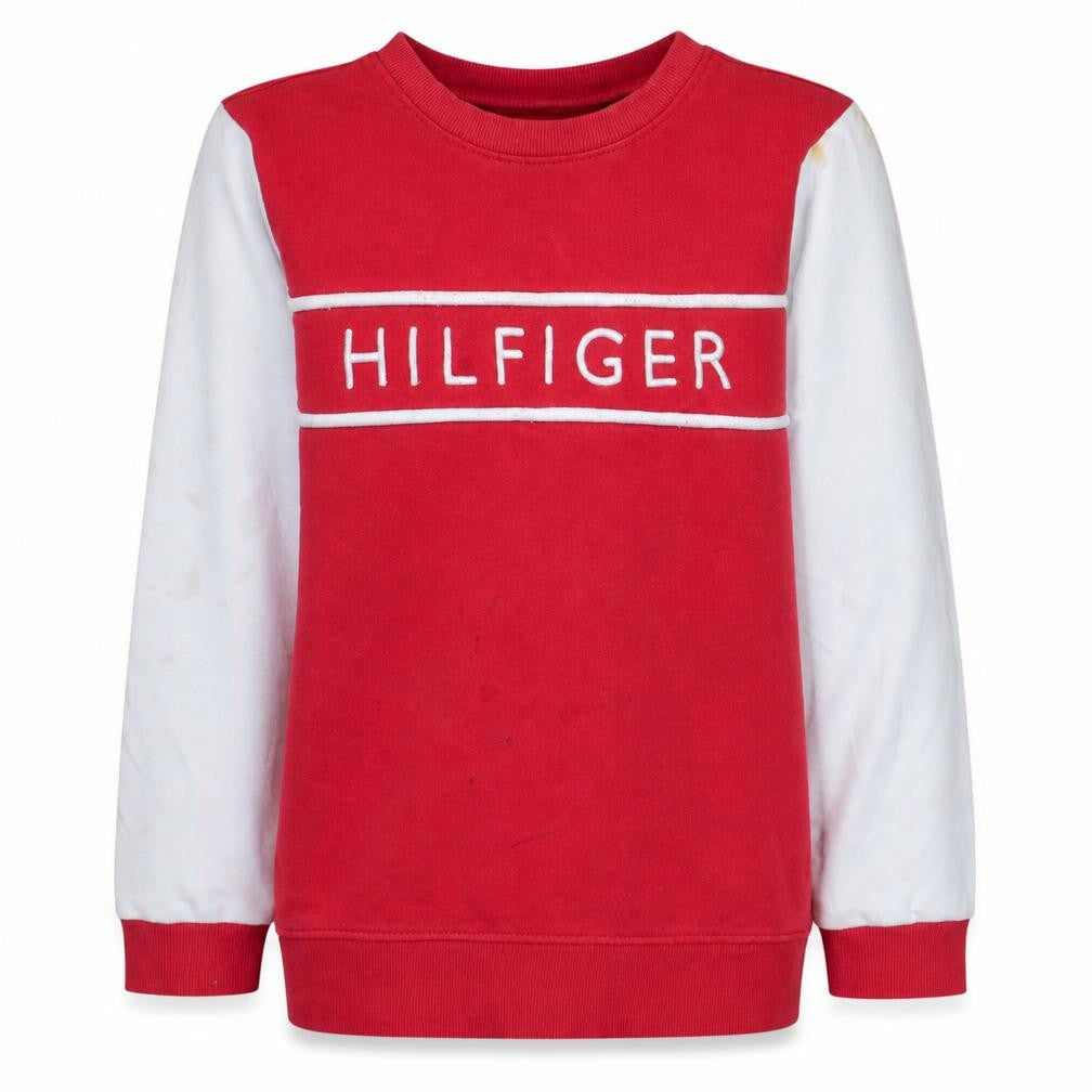 Front view of Tommy Hilfiger boys’ red colourblock logo crew neck sweatshirt 12 years