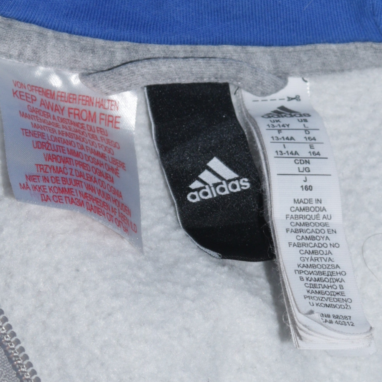Adidas Boys Grey Full Zip Hoodie 13-14 Years Sports Logo Fleece