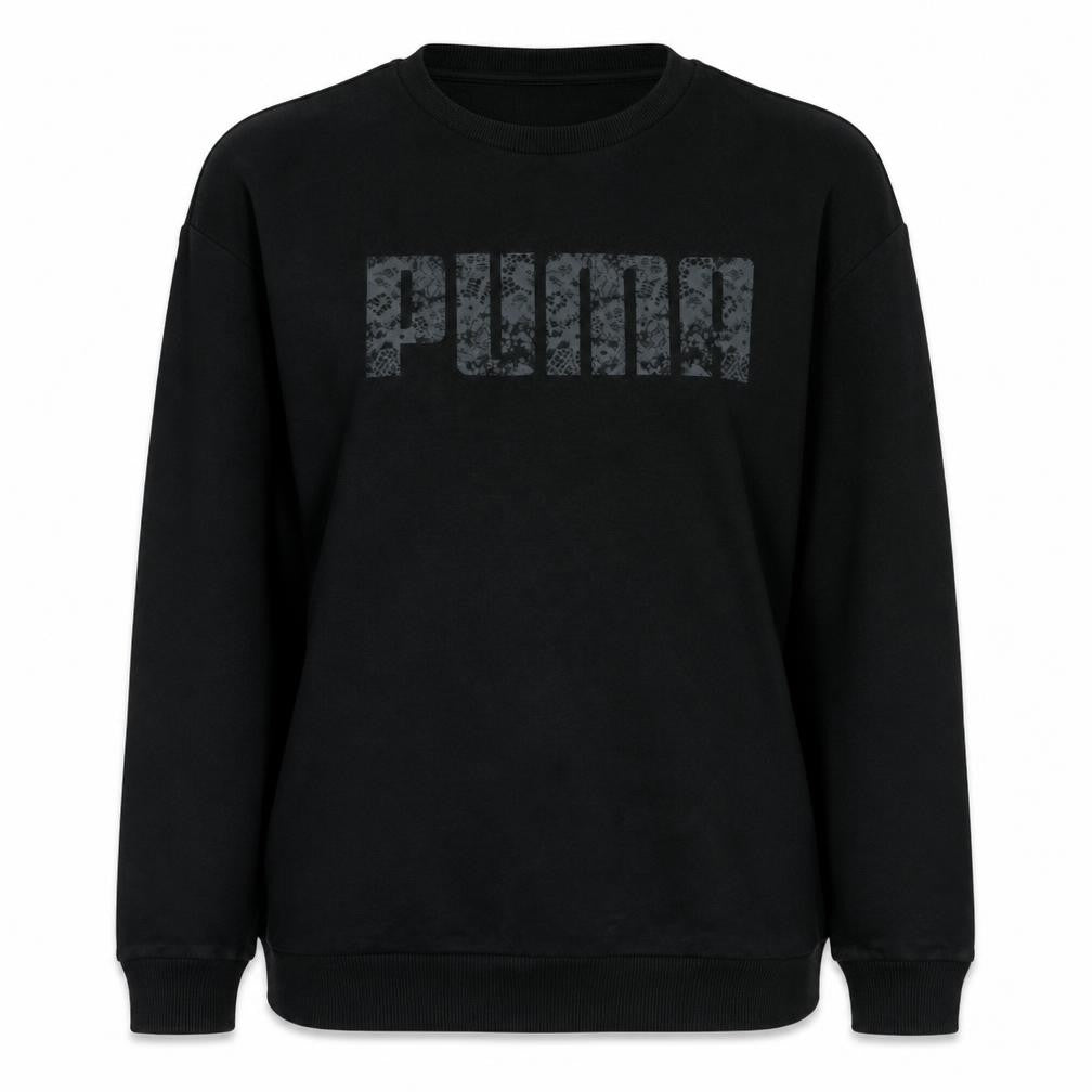 Puma Womens Black Lace Logo Sweatshirt Size L Crew Neck
