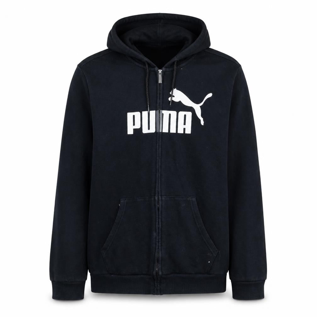 Front view of Puma Men's Black Full Zip Hoodie L Sports Logo Fleece