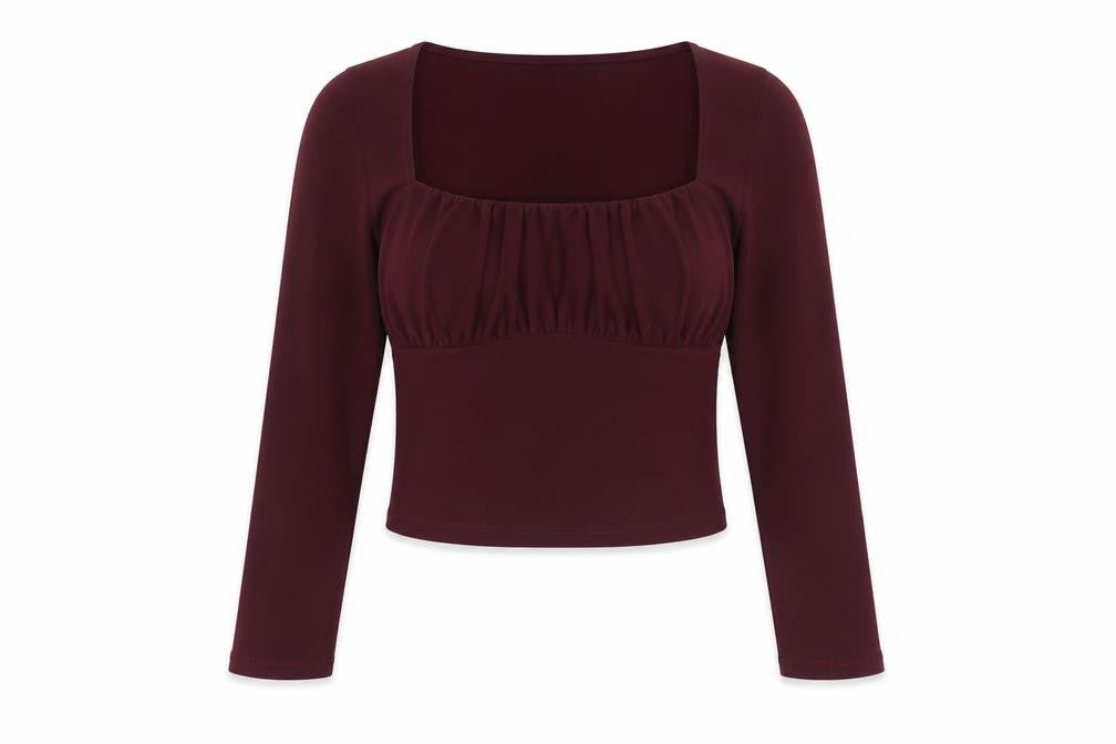 Pull&Bear Womens Red Cropped Square Neck Long Sleeve Blouse Size L