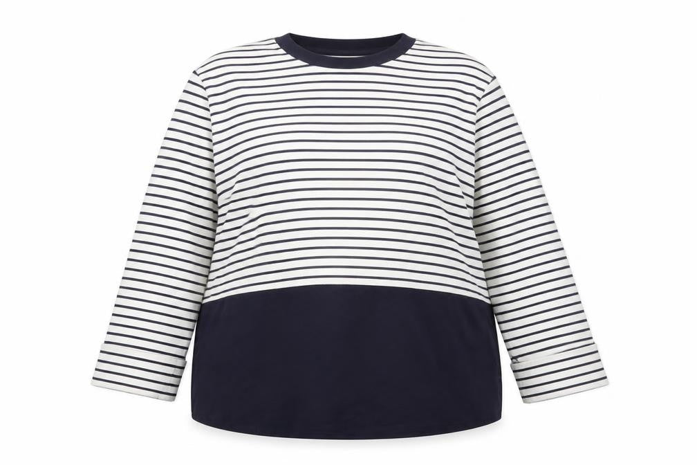 Front view of Gallery Women Blue Striped Long Sleeve Crew Neck Cotton T-Shirt, size 16
