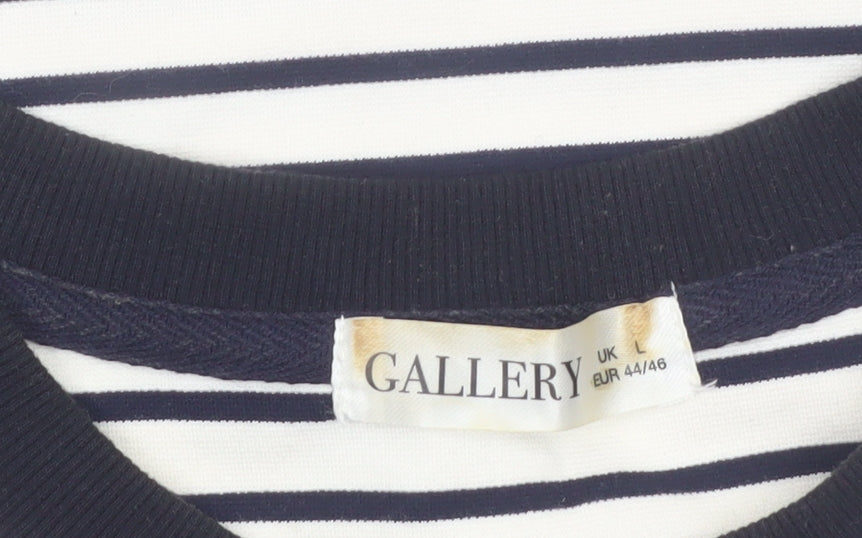 Gallery Women Blue Striped Long Sleeve Crew Neck Cotton T-Shirt Size 16