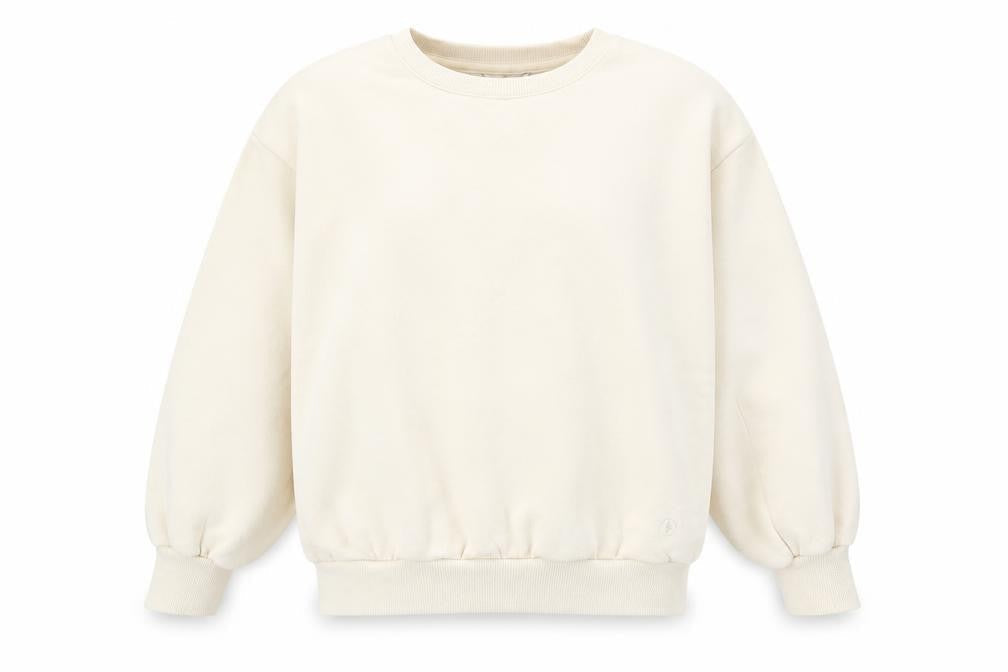 Front view of Leigh Tucker Willow girls’ beige cotton blend crew neck sweatshirt 8 years