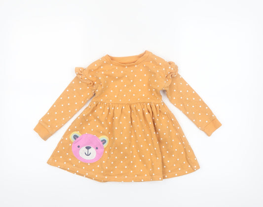 Dunnes Girls Beige Polka Dot Long Sleeve Skater Dress 12-18 Months